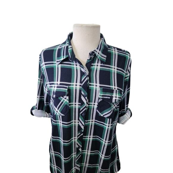 Eden & Olivia Long Sleeve Rollable Sleeve Button Front Plaid Checkered Shirt  L - Picture 2 of 9